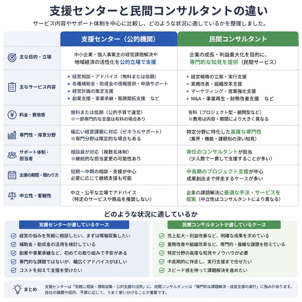 支援センターと民間コンサルの違いは?